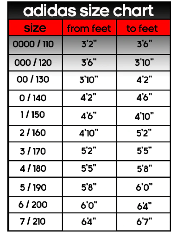 Adidas karate gi size chart hotsell