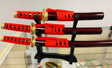 FOUR PIECE SAMURAI SWORD LETTER OPENER SET RED